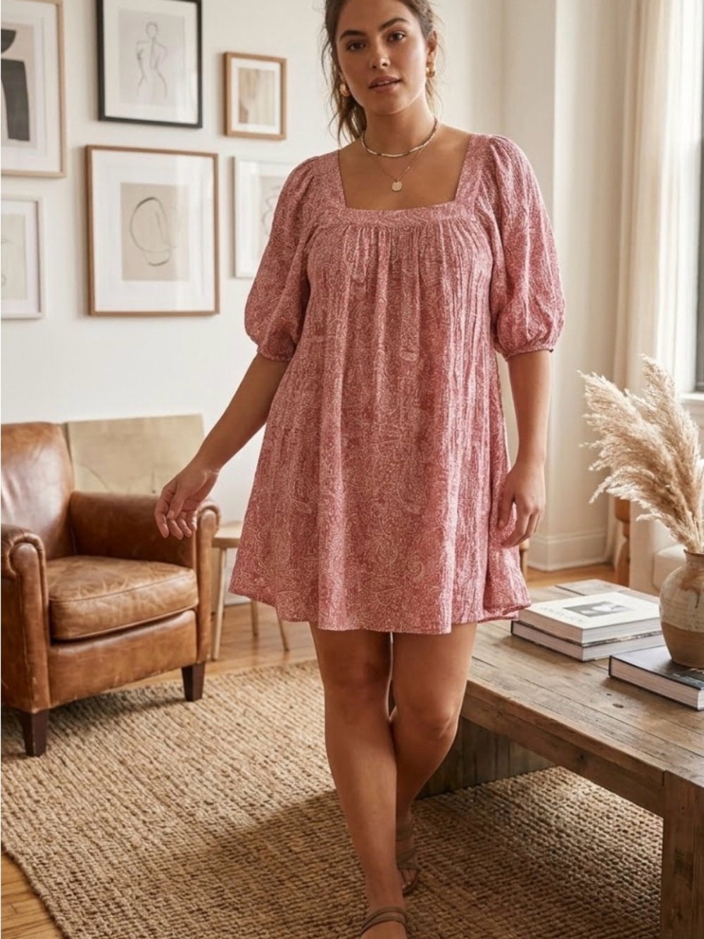 Square-Neck Puff Sleeve Mini Dress in Dusty Pink